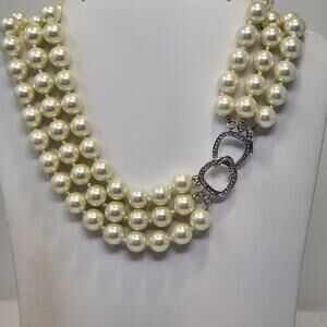 Kenneth Jay Lane Triple Strand Cream Faux Pearl Necklace Crystal Hook Clasp